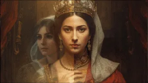 Esther as a radiant queen in royal robes and crown, both images overlapped with soft glow, symbolic art about identity,