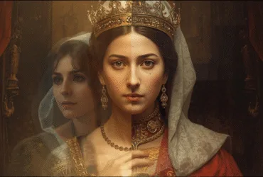 Esther as a radiant queen in royal robes and crown, both images overlapped with soft glow, symbolic art about identity,