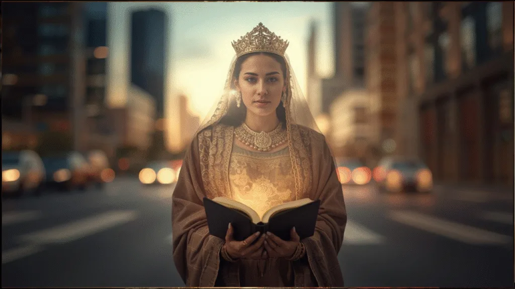 Esther midnight moment nation - woman in royal robes praying with Bible