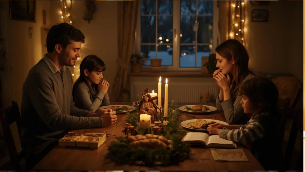 A serene Christian family gathered around a simple wooden dinner table in a cozy living room, holding hands in prayer with eyes closed and gentle smiles, modest Christmas meal with bread, candles, and pine branches on the table