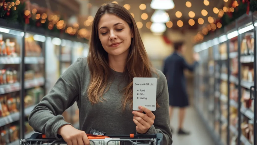 “Christian woman standing in a softly lit grocery aisle, one hand on a shopping cart and the other holding a small prayerfully written shopping list titled ‘Grocery & Gift List,’ eyes gently closed as if asking God for guidance, cash envelopes labeled ‘Food,’ ‘Gifts,’ and ‘Giving’ visible in the cart instead of credit cards, subtle Christmas decorations and warm string lights in the background, peaceful and focused expression,