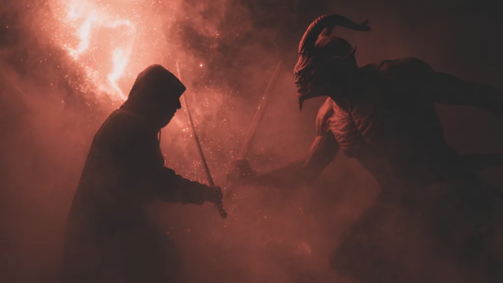 A MAN FIGHTING WITH A DEMON THAT IS ATTACKING HIM AT NIGHT