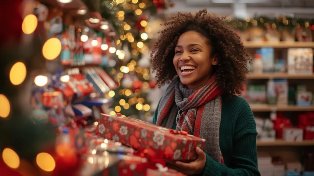 a woman buying christmas gifts in a store