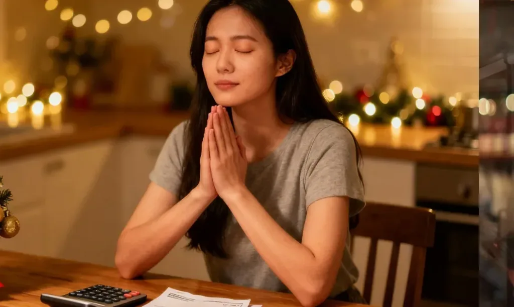 Young Christian woman sitting at a kitchen table with bills and a calculator, eyes closed in prayer, soft Christmas decorations in the background, gentle bokeh lights, hopeful expression, realistic photography style, warm tones.”generate this image