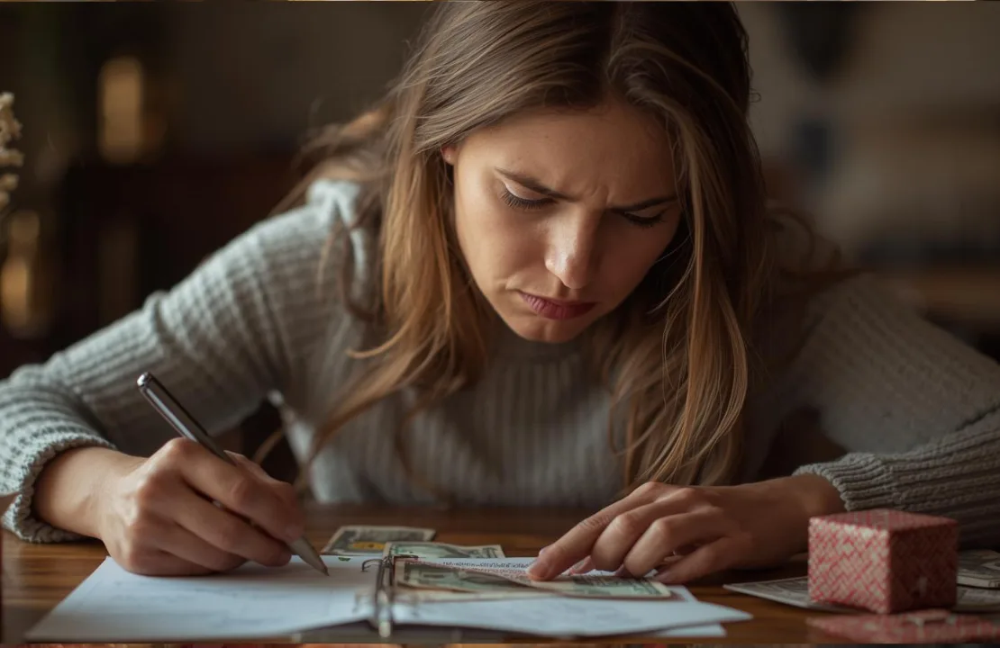 a weary yet hopeful woman trying to budget expenses for Christmas shopping