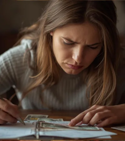 a weary yet hopeful woman trying to budget expenses for Christmas shopping