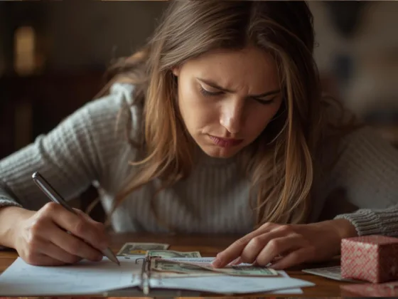 a weary yet hopeful woman trying to budget expenses for Christmas shopping