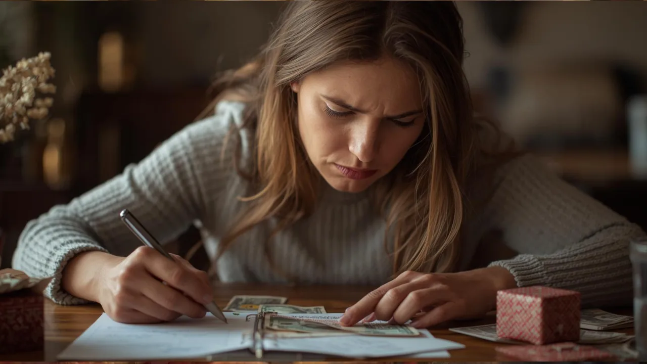 a weary yet hopeful woman trying to budget expenses for Christmas shopping