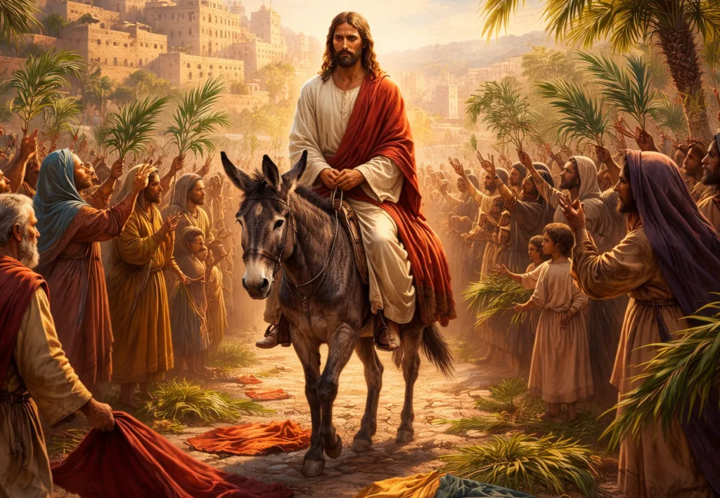 Jesus walking on a donkey into Jerusalem