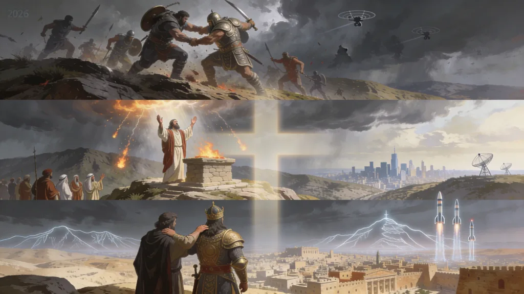 Alt text: David’s warriors, Elijah’s fire, and Hazael’s anointing shown together to reveal God’s sovereign patterns in biblical warfare.