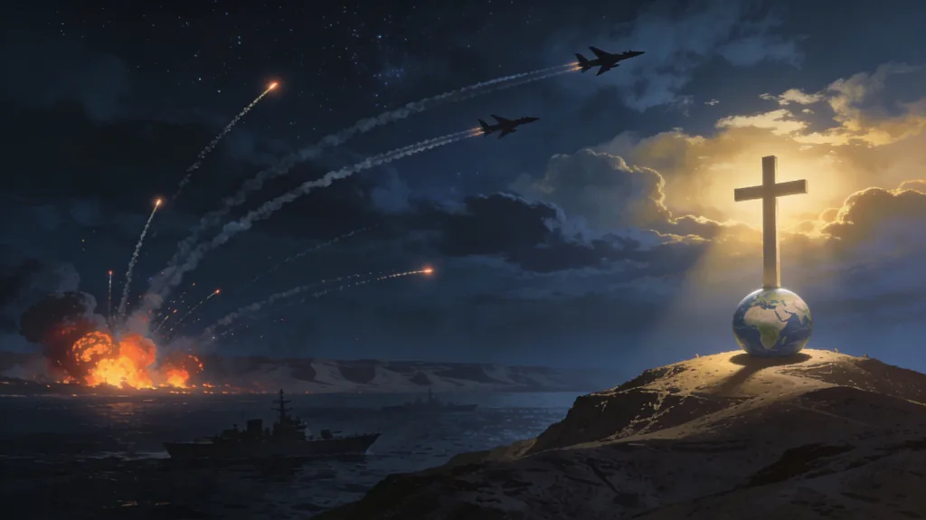 Nighttime war scene over Middle East with explosions and jets, contrasted by a glowing cross on a hill symbolizing God’s sovereign peace
