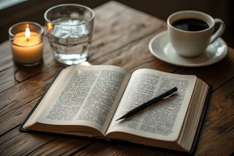  Bible, journal, water, coffee, candles arranged on table