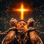 A pair of rough, chained hands burst free from heavy metal chains as fiery orange sparks fly upward, while a glowing golden cross of light shines powerfully in the dark background, symbolizing Jesus breaking spiritual bondage.
