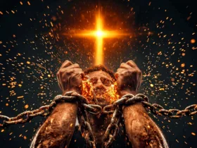 A pair of rough, chained hands burst free from heavy metal chains as fiery orange sparks fly upward, while a glowing golden cross of light shines powerfully in the dark background, symbolizing Jesus breaking spiritual bondage.