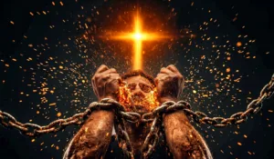 A pair of rough, chained hands burst free from heavy metal chains as fiery orange sparks fly upward, while a glowing golden cross of light shines powerfully in the dark background, symbolizing Jesus breaking spiritual bondage.