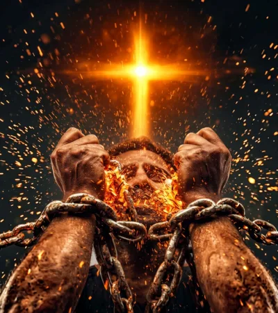 A pair of rough, chained hands burst free from heavy metal chains as fiery orange sparks fly upward, while a glowing golden cross of light shines powerfully in the dark background, symbolizing Jesus breaking spiritual bondage.