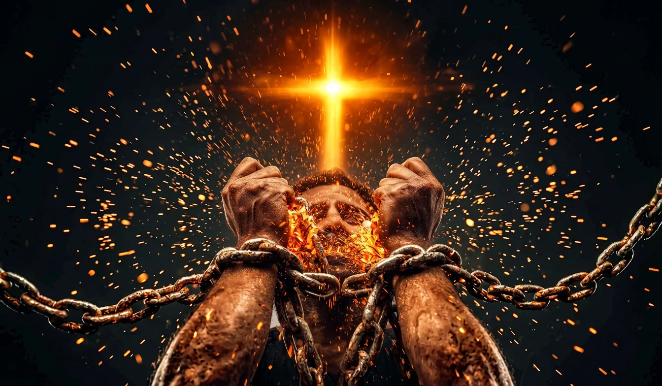 A pair of rough, chained hands burst free from heavy metal chains as fiery orange sparks fly upward, while a glowing golden cross of light shines powerfully in the dark background, symbolizing Jesus breaking spiritual bondage.