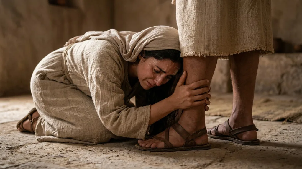 mary at the feet of jesus holding his leg 