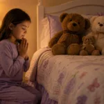 9 YEAR OLD KNEELING DOWN BY HER BED TO PRAY