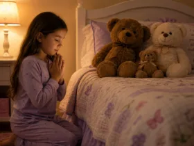 9 YEAR OLD KNEELING DOWN BY HER BED TO PRAY
