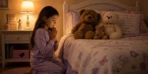 9 YEAR OLD KNEELING DOWN BY HER BED TO PRAY
