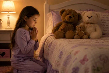 9 YEAR OLD KNEELING DOWN BY HER BED TO PRAY