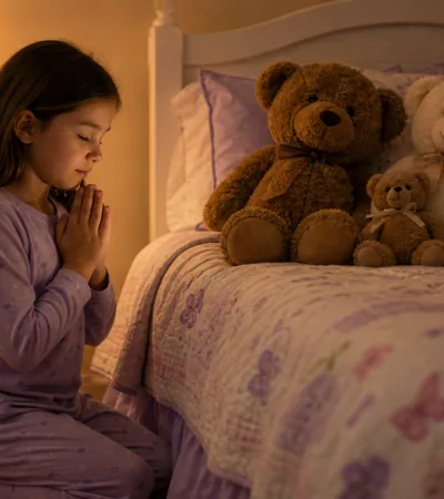 9 YEAR OLD KNEELING DOWN BY HER BED TO PRAY